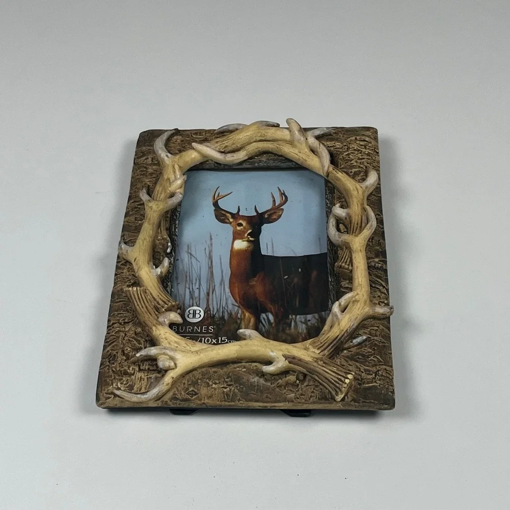 Burnes of Boston 4x6 Rustic Antler Picture Frame Faux Bark Lodge Decor Brown